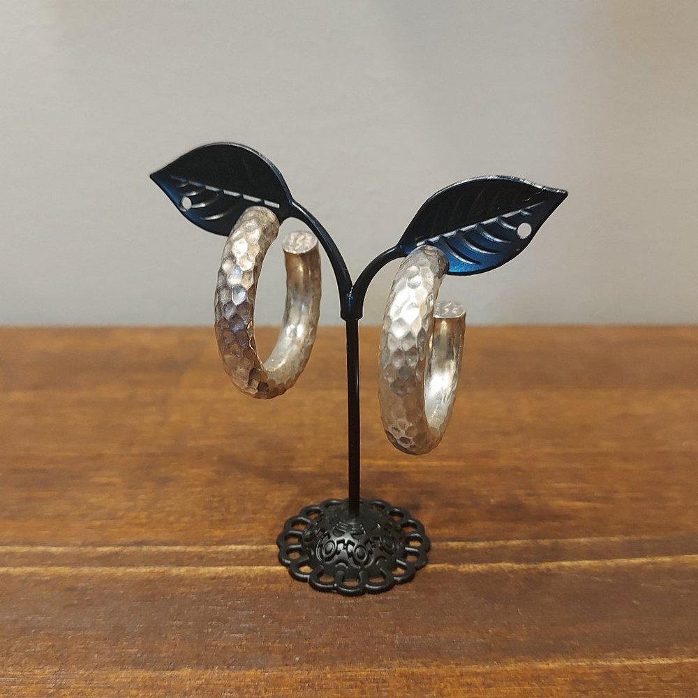 Handmade Mexican 925 Silver Hammered 3/4 Hoop Earrings - Cylinder